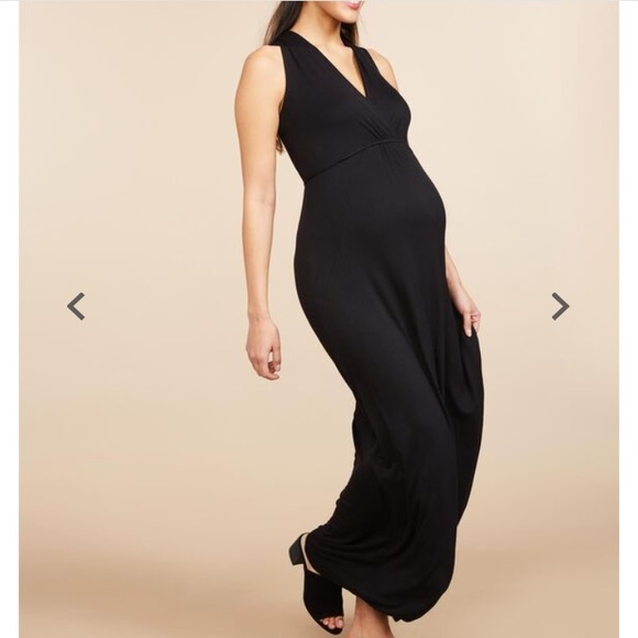 Motherhood Maternity Dress Maxi sleeveless black solid flowy v neck - Picture 1 of 4